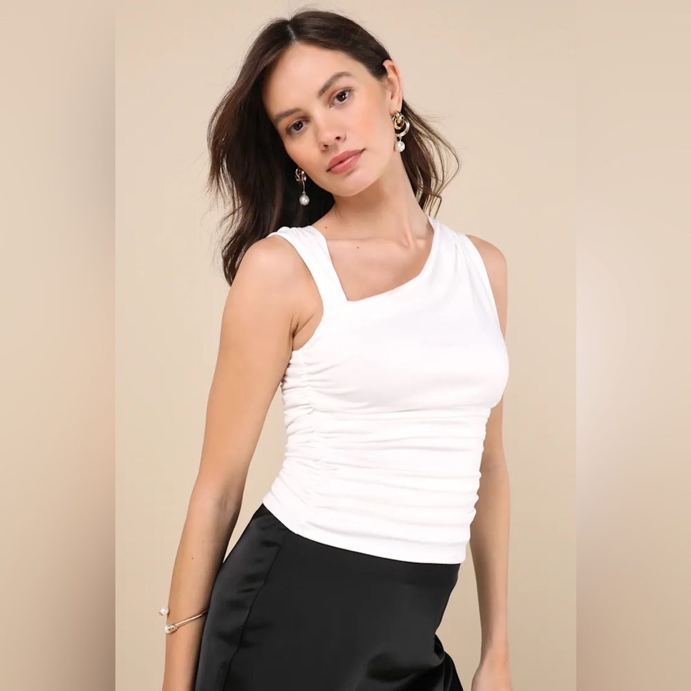 Lulus Ikuko Ivory Asymmetrical Ruched Sleeveless Top